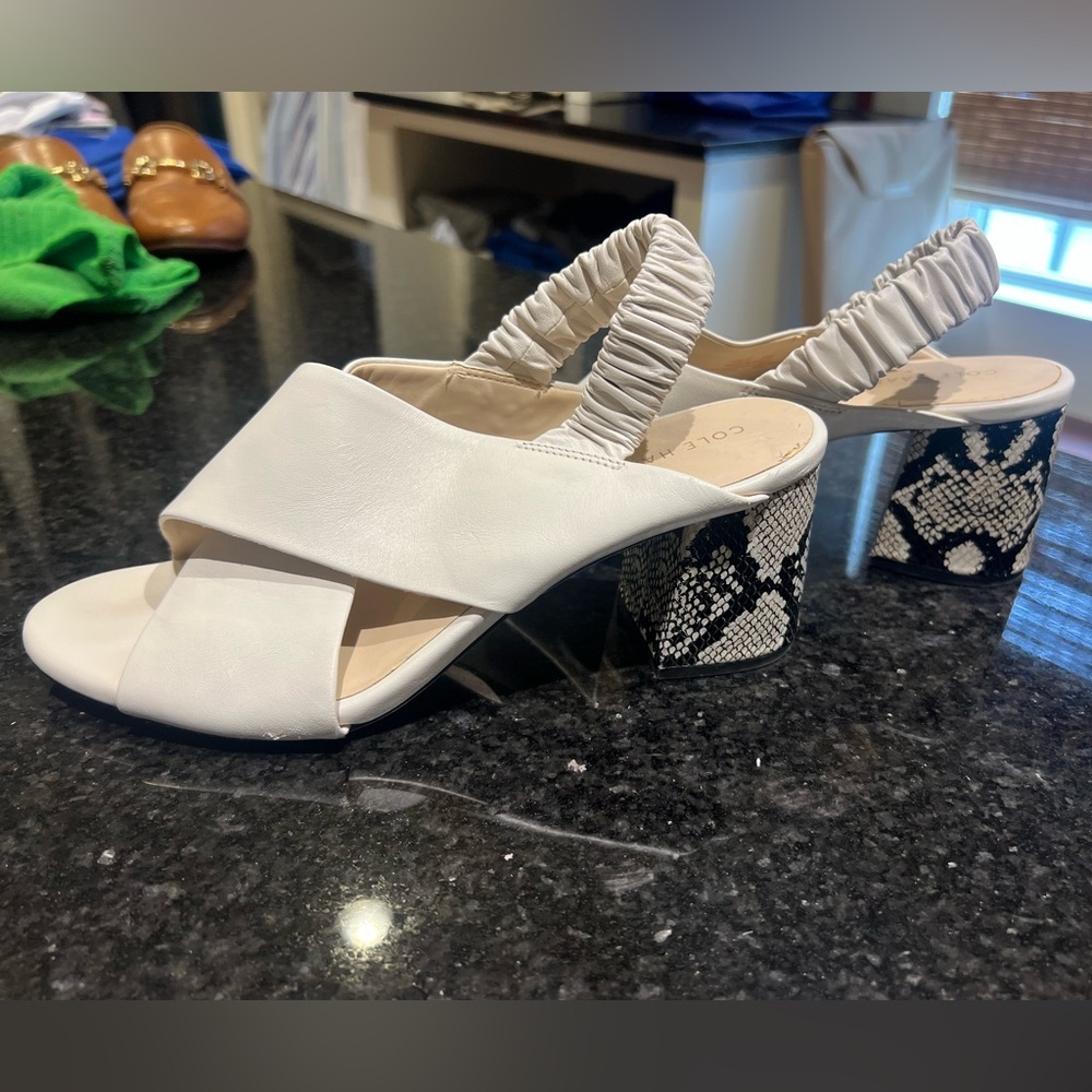 Cole Haan White Sandals with wide straps and snake print heel - Picture 3 of 6